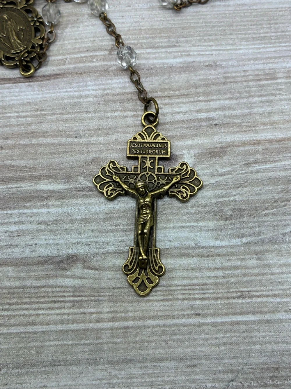 Vintage Style Brass Rosary Necklace with  Upcycled Vintage Beads